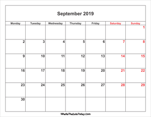 september 2019 calendar with weekend highlight