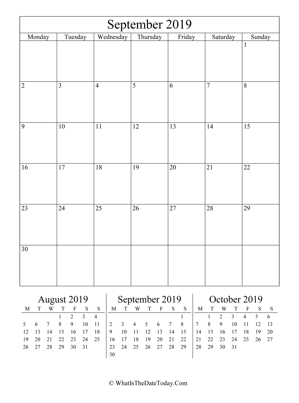 september 2019 editable calendar with three mini calendars in vertical layout