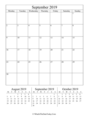 september 2019 editable calendar (vertical) with three mini months