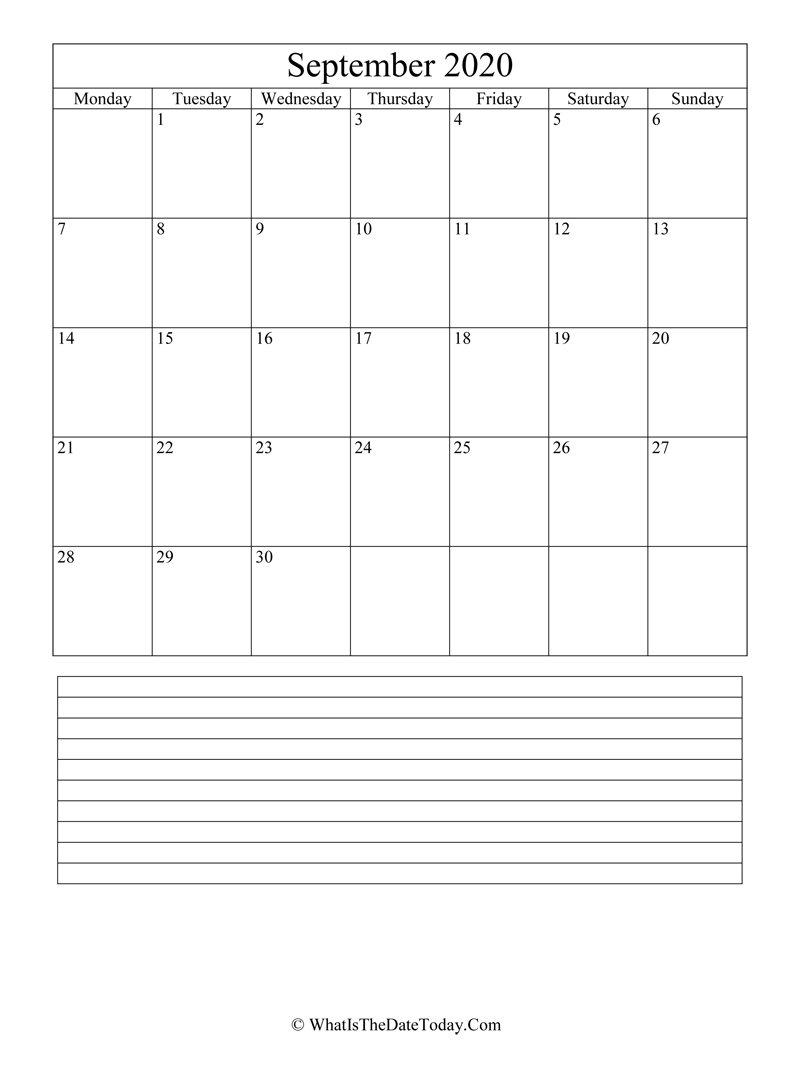 september 2020 calendar editable with notes in vertical layout