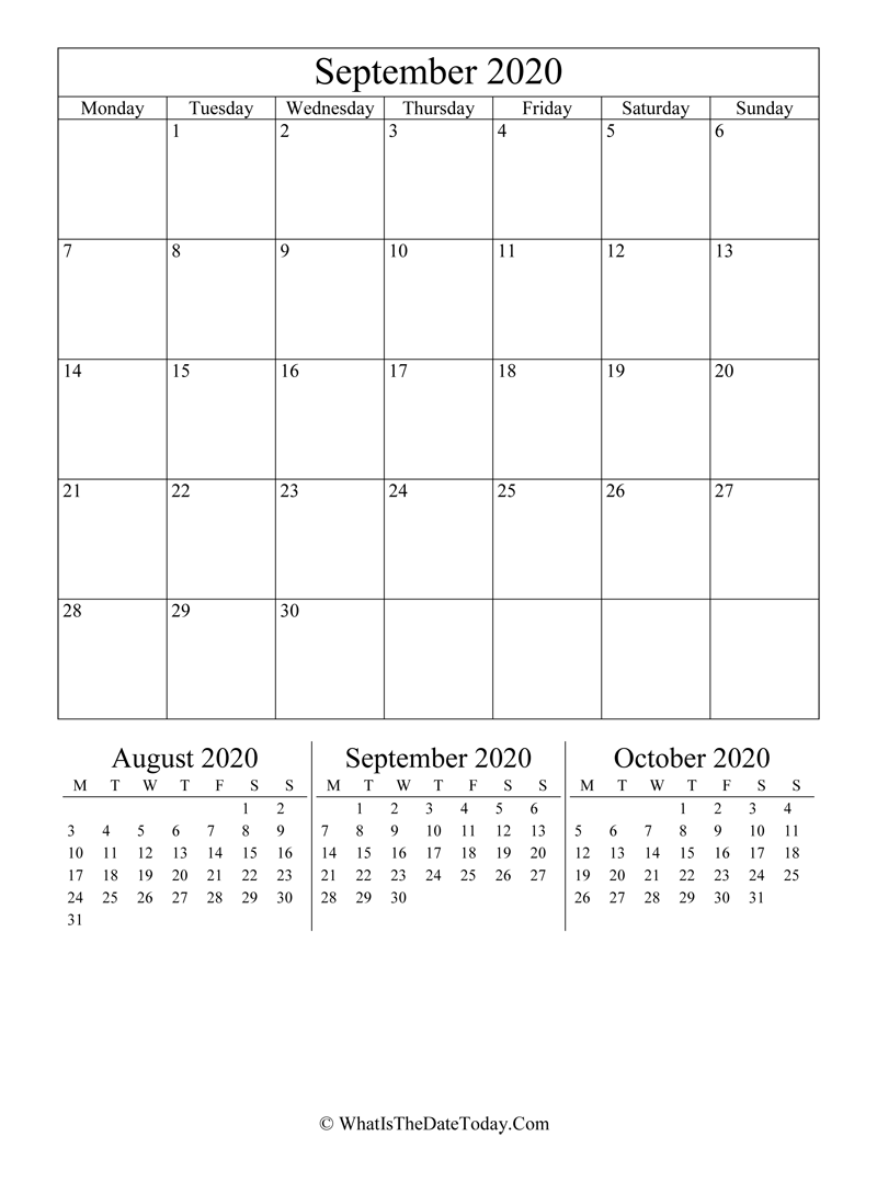 september 2020 editable calendar with three mini calendars in vertical layout