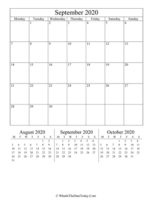 september 2020 editable calendar (vertical) with three mini months