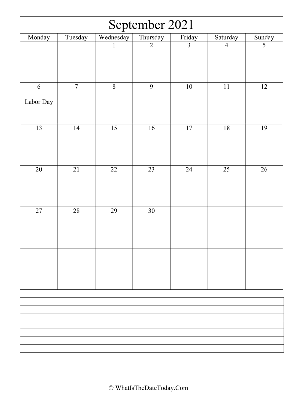 september 2021 calendar editable with notes in vertical layout