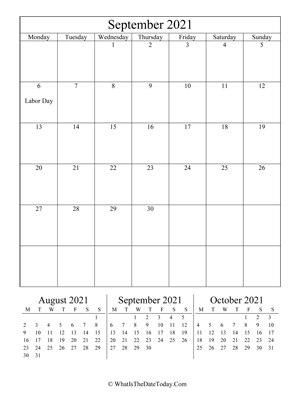 september 2021 editable calendar (vertical) with three mini months