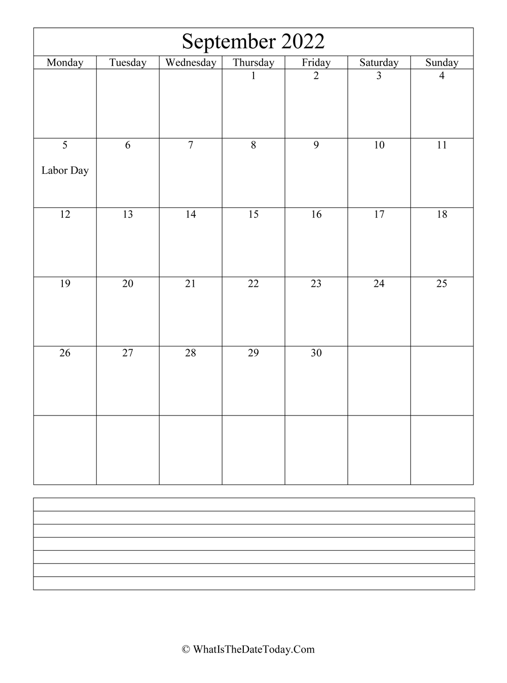 september 2022 calendar editable with notes in vertical layout