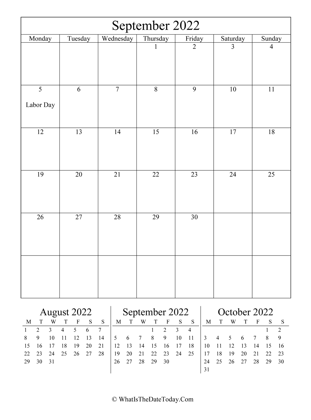 september 2022 editable calendar with three mini calendars in vertical layout