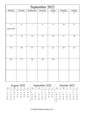 september 2022 editable calendar (vertical) with three mini months