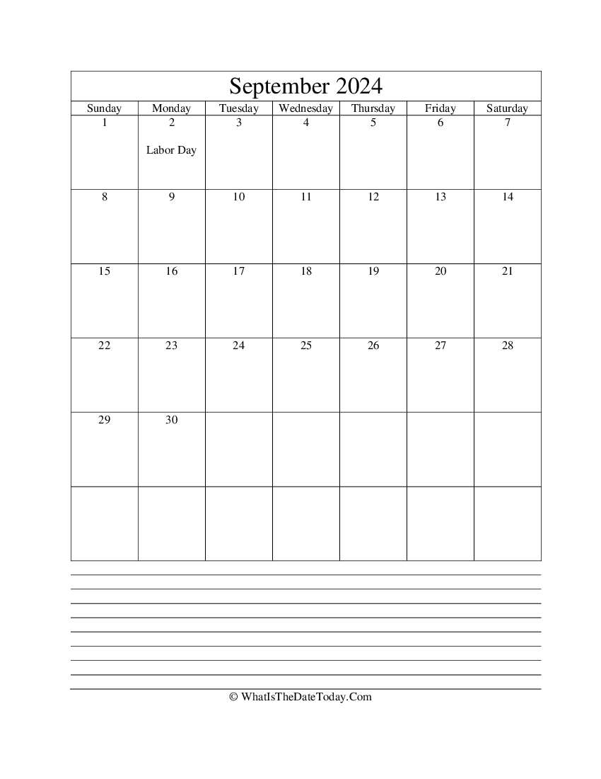september 2024 calendar editable with notes in vertical layout
