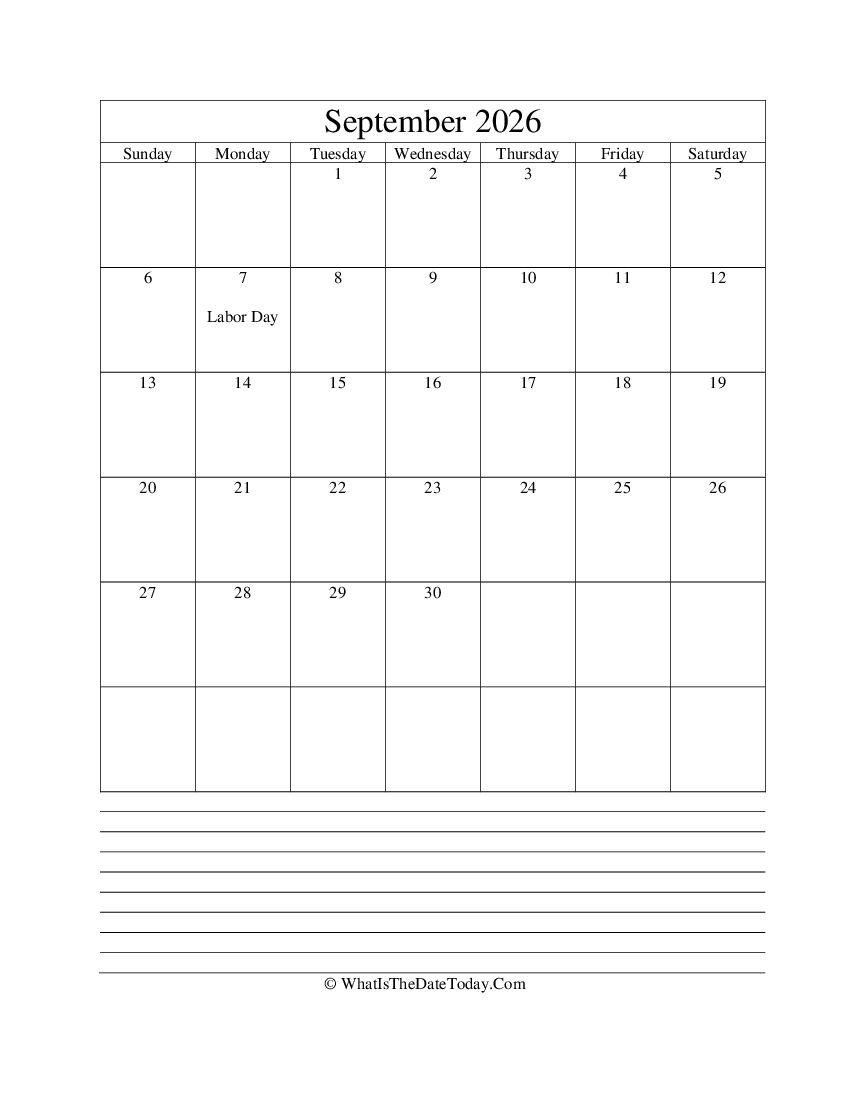 september 2026 calendar editable with notes in vertical layout