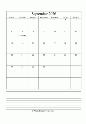 september 2026 calendar editable with notes