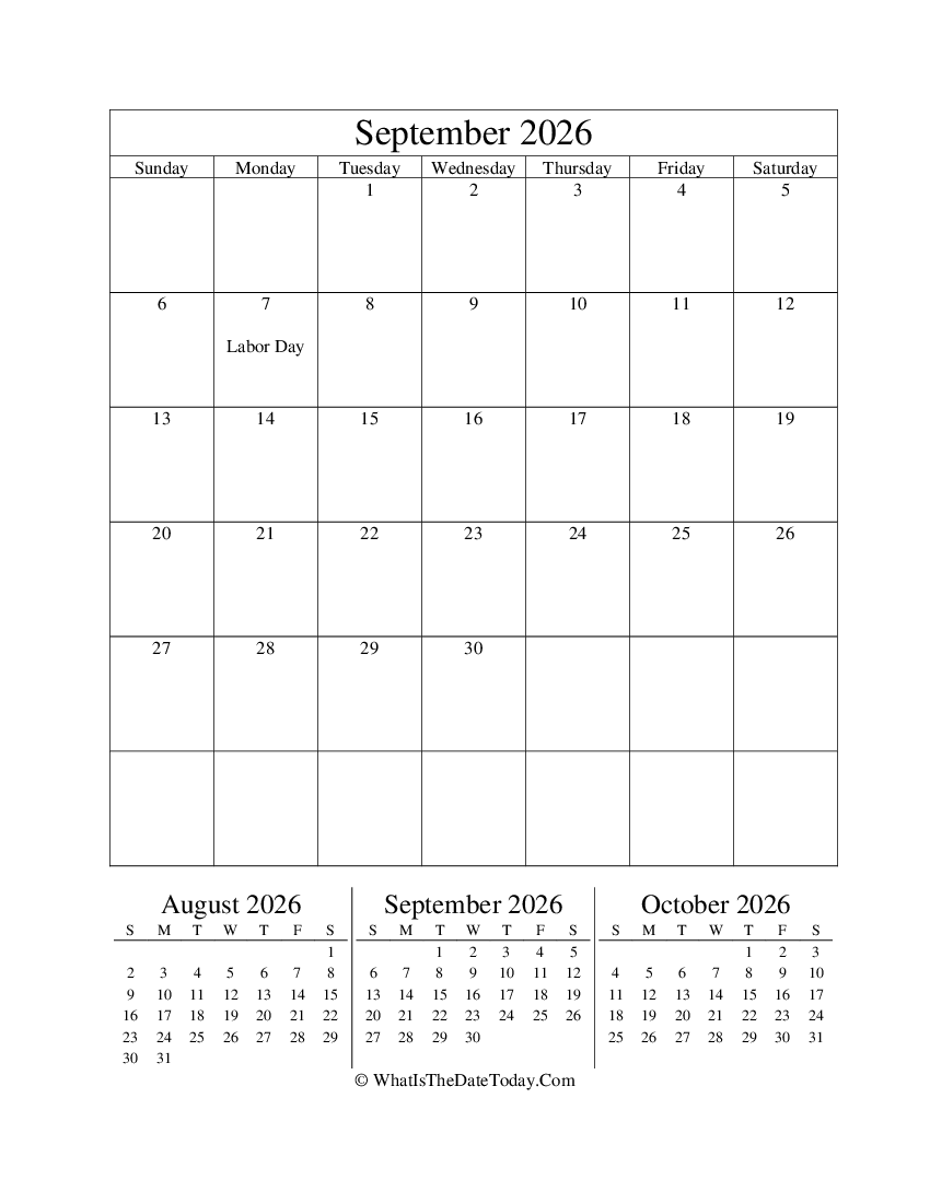september 2026 editable calendar with three mini calendars in vertical layout