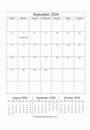 september 2026 editable calendar (vertical) with three mini months