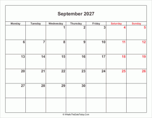 september 2027 calendar with weekend highlight