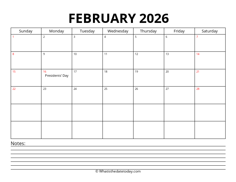 February With Notes Section