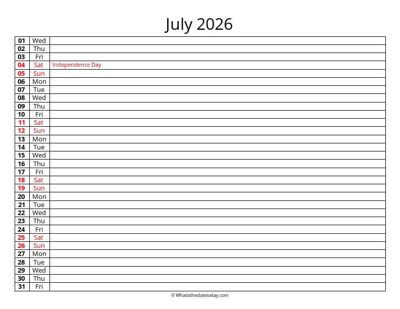 Fillable Calendar July