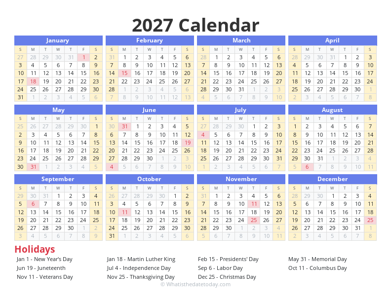 Free 2027 Calendar
