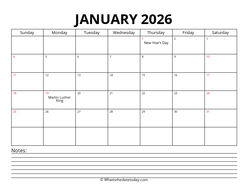 January With Notes Section