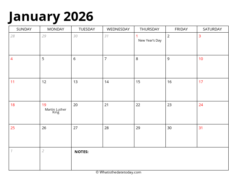 January Editable Calendar