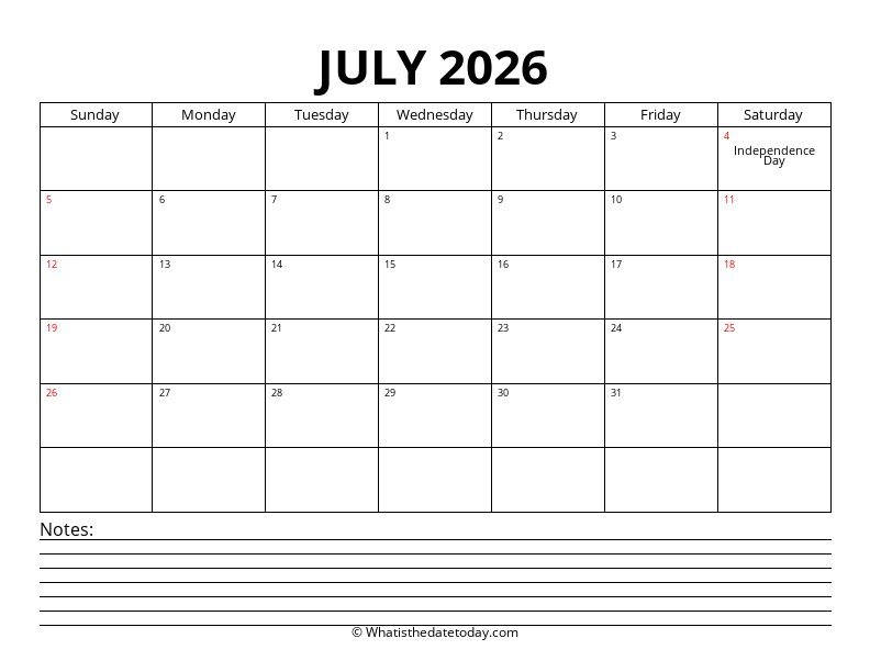 July With Notes Section