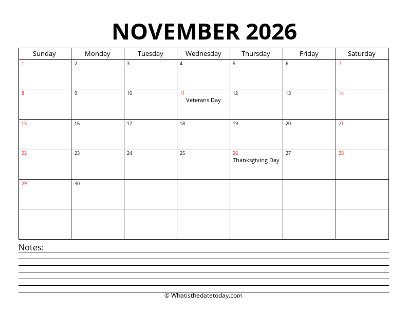 November With Notes Section