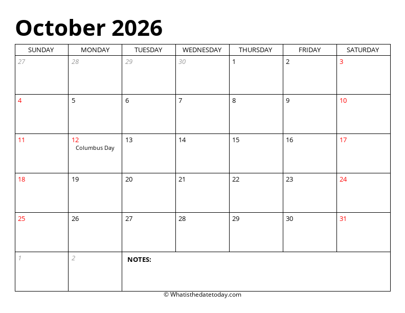 October Editable Calendar