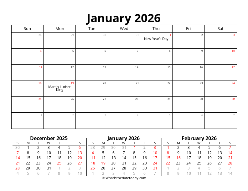 Printable January With holidays