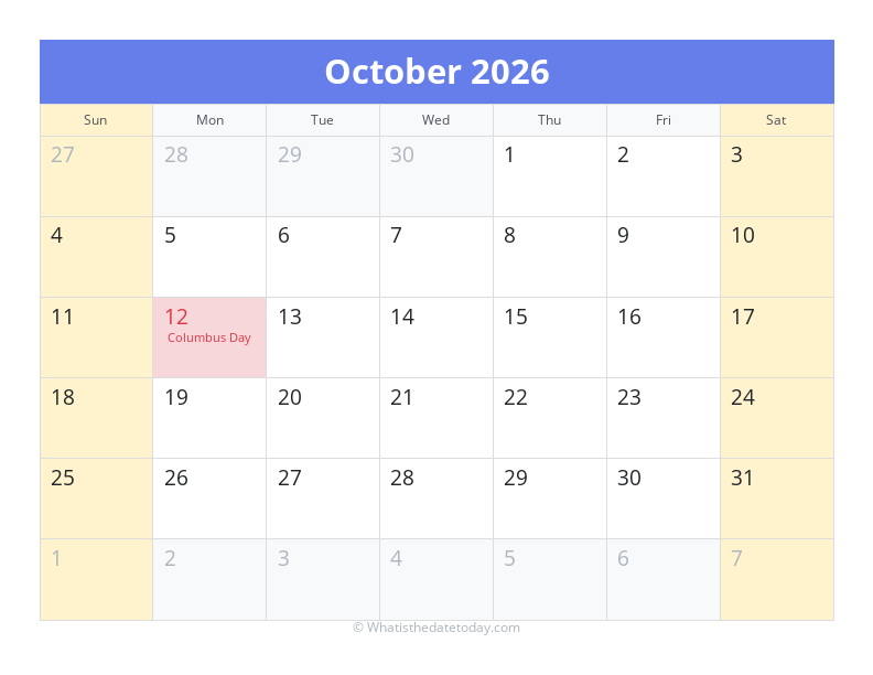 October 2026 Calendar