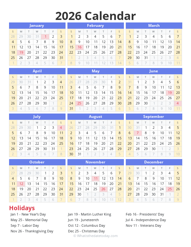 Printable Yearly 2026 Calendar (Portrait)